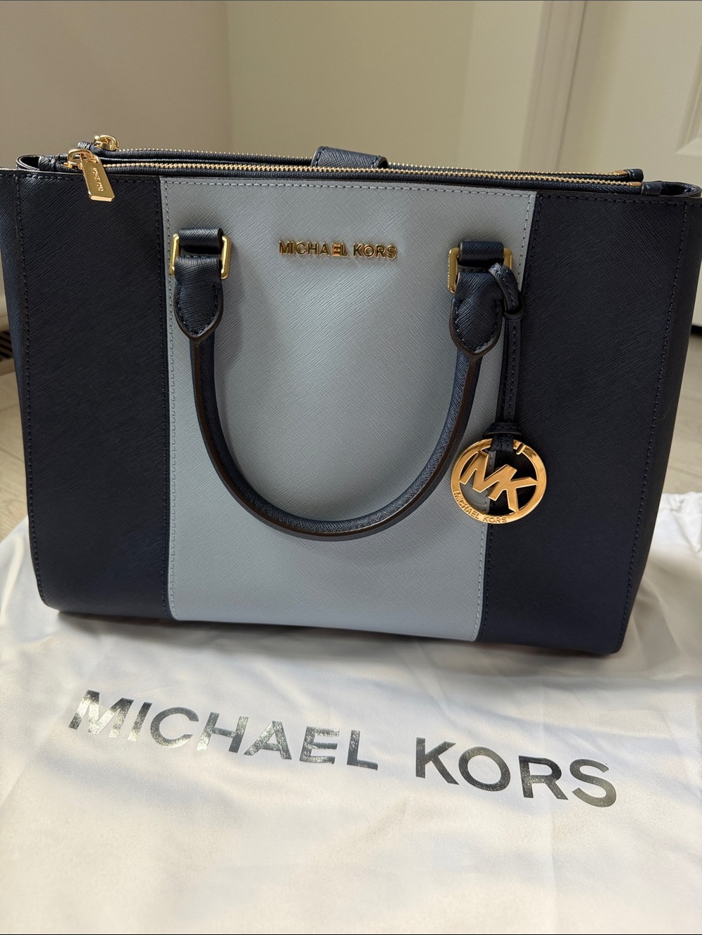 Michael Kors SuttonTwo-Tone Navy & Light Blue Saffiano Leather Satchel